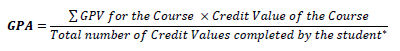 BIT GPA calculation formula: GPA equals sum of Grade Point Value multiplied by Credits divided by sum of Credits